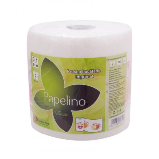 Rola Prosoape de Bucatarie Papelino Finesse, 2 Straturi, 280 Foi, 23x22 cm, 450 g, 100% Celuloza, Albe, Imprimate, Rola Prosoape de Hartie 2 Straturi, Rola 280 Prosoape de Bucatarie, Rola de Prosoape de Bucatarie, Rola cu Prosoape de Bucatarie