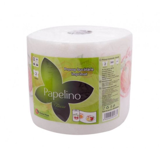 Rola Prosoape de Bucatarie Papelino Finesse, 2 Straturi, 360 Foi, 27x22 cm, 600 g, 100% Celuloza, Albe, Imprimate, Rola Prosoape de Hartie 2 Straturi, Rola 360 Prosoape de Bucatarie, Rola de Prosoape de Bucatarie, Rola cu Prosoape de Bucatarie