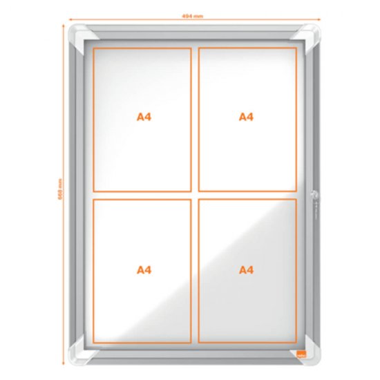 Avizier Magnetic 4xA4 Nobo, Carcasa Metalica pentru Interior, Sticla Frontala 4 mm, Lacat cu 2 Chei, Alb, Aviziere Magnetice, Avizier Nobo, Aviziere Nobo, Avizier Scoala, Avizier Scolar, Aviziere Magnetice Scoala, Aviziere Scolare Magnetice