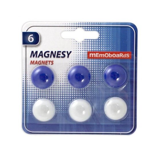 Set 6 Magneti Tabla Magnetica Memoboards, Alb si Albastru, 20 mm, Magneti pentru Tabla Magnetica, Magneti Rotunzi pentru Tabla Magnetica, Magneti Memoboards Magnesy Magnets, Magneti pentru Tabla Alba, Magneti Tabla Alba