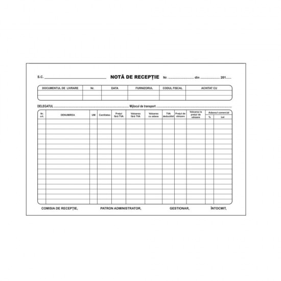 Nota de Receptie A4, 2 Ex, 50 Set/Carnet - Formular Tipizat pentru Gestionarea Receptiei