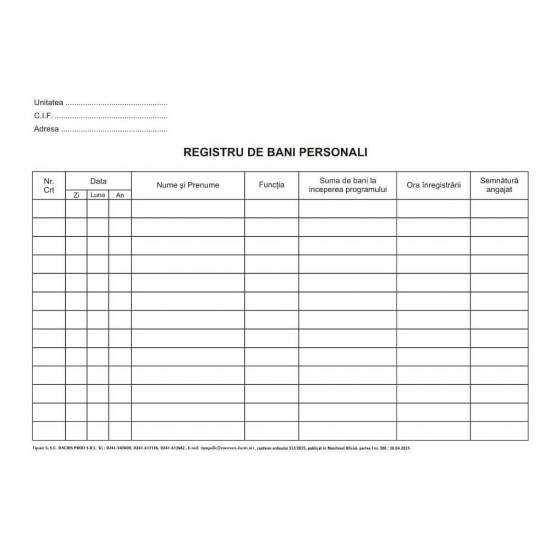 Registru de Bani Personali A4, 100 File/Carnet - Formular Tipizat de Gestiune