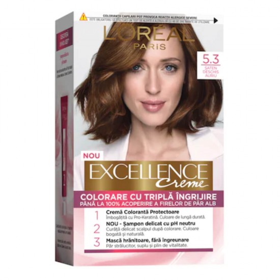 Vopsea de Par Permanenta L'OREAL Paris Excellence Creme 5.3, Saten Deschis Auriu, 192 ml, Cu Amoniac, Vopsea de Par, Vopsea de Par Permanenta, Vopsea de Par L'OREAL, Vopsea de Par L'OREAL Paris Excellence, Vopsea Permanenta L'OREAL
