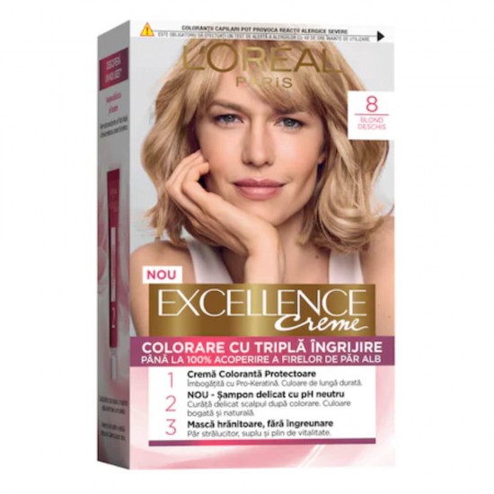 Vopsea de Par Permanenta L'OREAL Paris Excellence Creme 8, Blond Deschis, 192 ml, Cu Amoniac, Vopsea de Par, Vopsea de Par Permanenta, Vopsea de Par L'OREAL, Vopsea de Par L'OREAL Paris Excellence, Vopsea Permanenta L'OREAL
