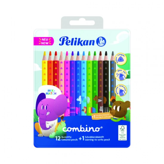 Creioane Color Combino, Set 12 Culori + 1 Creion Grafit Invata Sa Scrii, Cutie De Metal