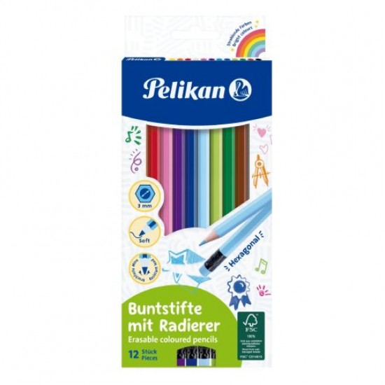Creioane Color Lacuite Cu Radiera, Set 12 Culori, Sectiune Hexagonala