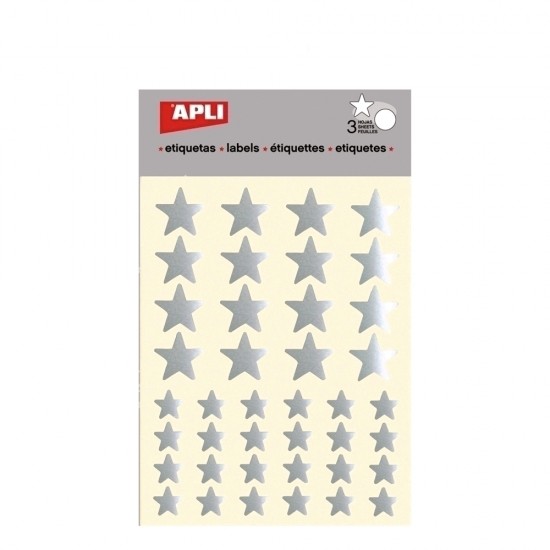 Etichete autoadezive Apli pretaiate, 3 coli/set, stelute argintii