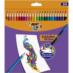Creioane colorate Bic Evolution Illusion cu radiera, 24 culori/set