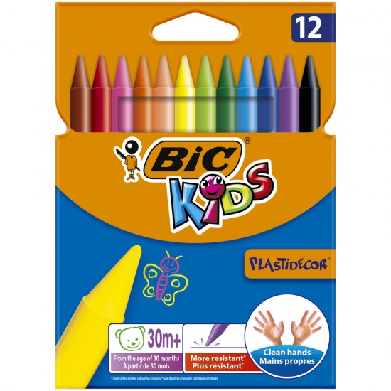 Creioane cerate plastifiate Bic Plastidecor, 12 culori/set