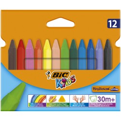 Creioane cerate plastifiate Bic Plastidecor triunghiulare, 12 culori/set