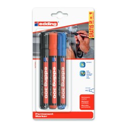 Set 3 markere Edding 300, blister, permanent, varf rotund 1.5-3 mm, rosu, albastru, negru