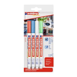 Marker Edding 4085, cu creta lichida, varf rotund 1-2 mm, alb, 4 culori basic, blister