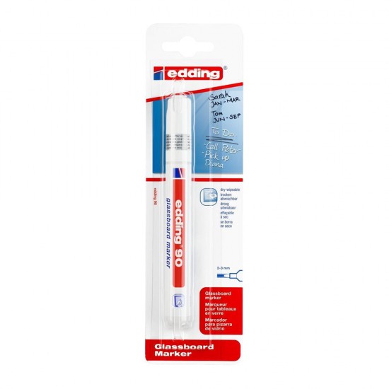 Marker Edding 90, pentru suprafete din sticla, varf 2-3 mm, alb, blister
