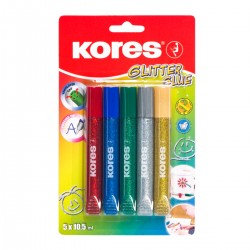 Lipici Kores, culori cu sclipici, 10 g, 5 culori/blister Lipici Kores, culori cu sclipici, 10 g, 5 culori/blister