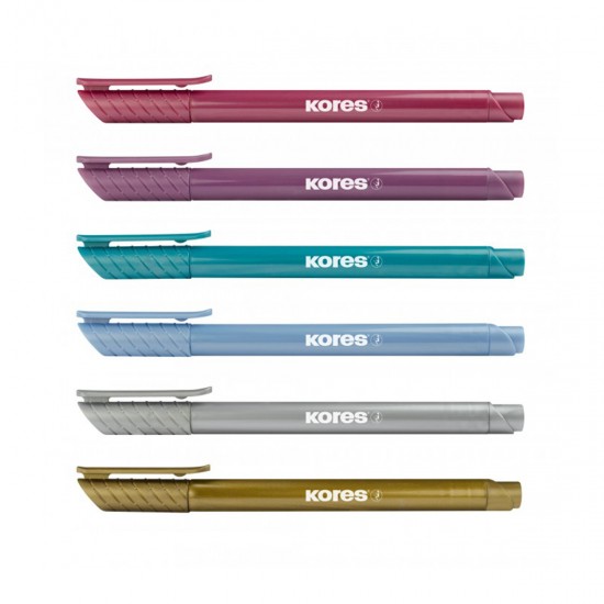 Set 6 markere permanente metalice Kores, varf tip pensula, in blister