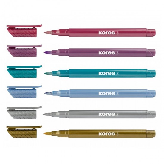 Set 6 markere permanente metalice Kores, varf tip pensula, in blister
