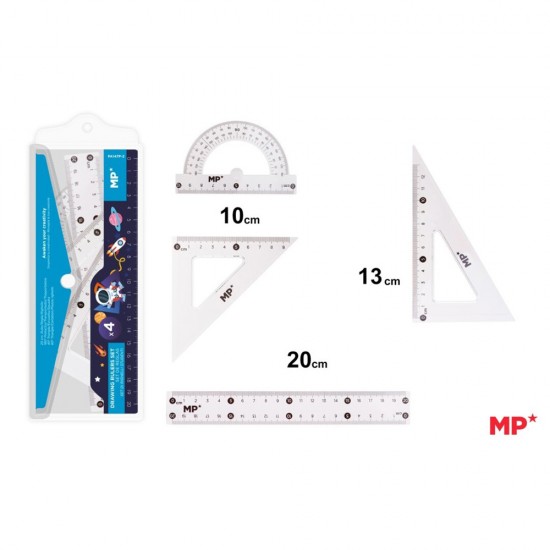Set geometrie Main Paper, 4 piese, transparent, raportor, 2 echere, rigla 20 cm, albastru