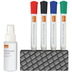Kit pentru tabla NOBO, 4 markere diverse culori, burete magnetic, spray curatare 50 ml Kit pentru tabla NOBO, 4 markere diverse culori, burete magnetic, spray curatare 50 ml