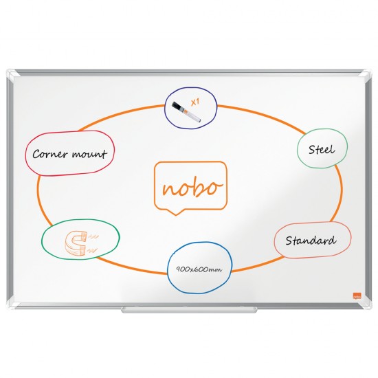 Tabla NOBO Premium Plus, otel lacuit, 90x60 cm, magnetica, include marker si tavita, alb