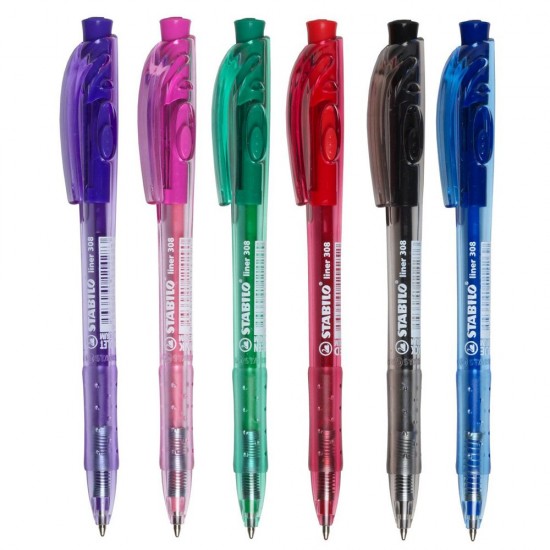 Pix cu mecanism Stabilo Liner 308 M, varf 0.45 mm, 6 culori/blister, albastru negru rosu verde violet roz