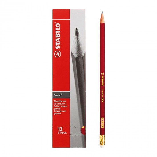 Creion grafit Stabilo Swano 4906, mina HB, cu radiera, rosu, ascutit