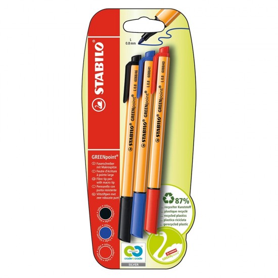 Marker Stabilo Greepoint, 0.8 mm, albastru, negru, rosu, set 3 culori/blister