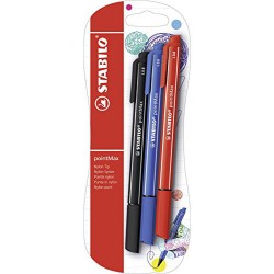 Fineliner Stabilo PointMax, 0.8 mm, 3 culori/blister, ultramarin, negru, carmin