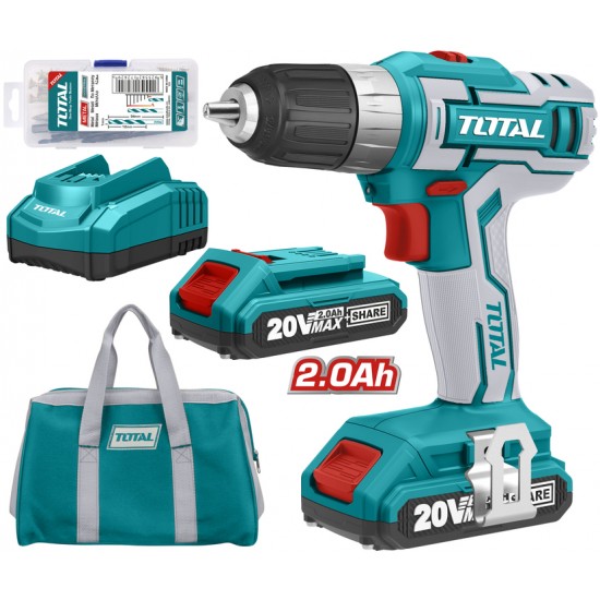 Total - Masina De Gaurit Cu Acumulator 20v-2.0ah Li-ion (2 Acumulatori + 47 Accesorii) (industrial)