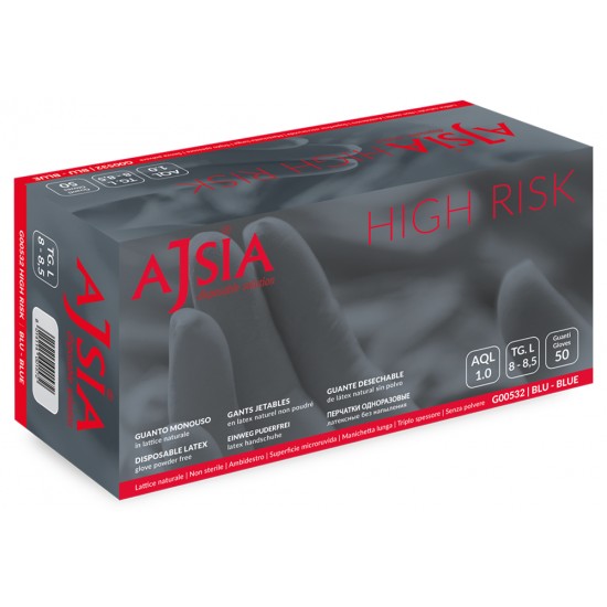 Manusi Latex Ajsia High Risk, Unica Folosinta, Nepudrate, L-30cm, 0.33mm, 50 Buc/cutie-albastre- M