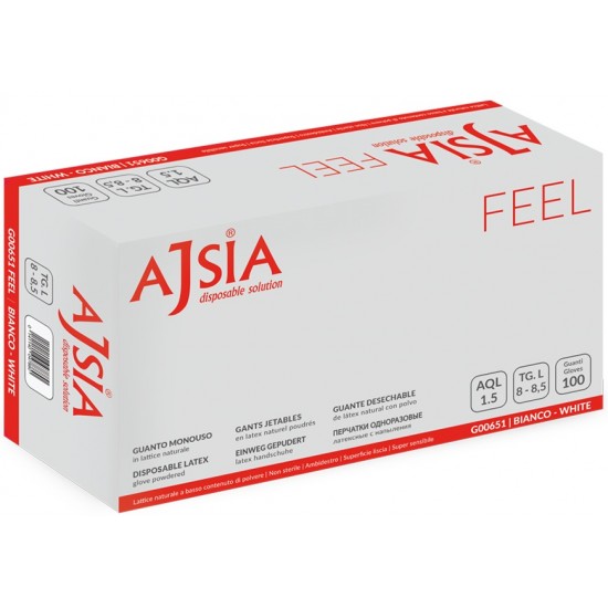 Manusi Latex Ajsia Feel, Unica Folosinta, Usor Pudrate, 0.10mm, 100 Buc/cutie - Albe - Marime S