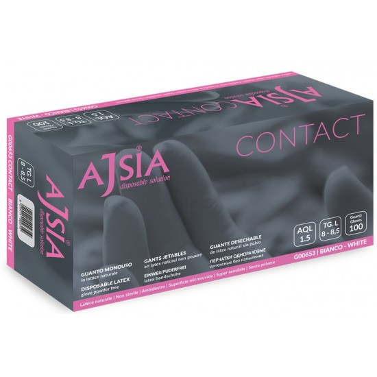 Manusi Latex Ajsia Contact, Unica Folosinta, Nepudrate, 0.11mm, 100 Buc/cutie - Albe - Marime L
