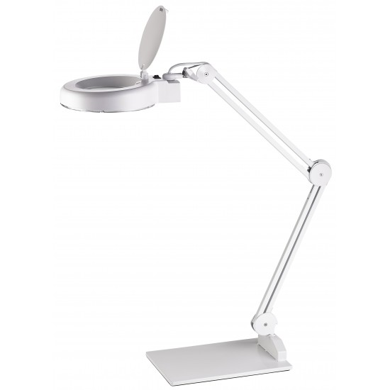 Lampa De Birou Cu Led, 9.6w, 3655 Lux - 30cm, Cu Brat Dublu Flexibil, Lupa Incorporata, Alco - Alba