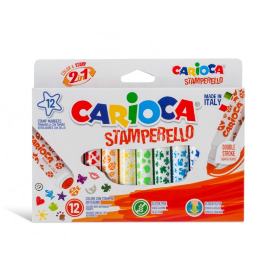 Set 12 Markere Lavabile, Cu 12 Stampile Diverse Forme, Cutie Carton, Carioca Stamperello
