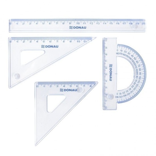 Set Geometrie Mare, Contine: Rigla 30cm, Raportor, Echer 13cm Si Echer 19cm, Donau - Transparent