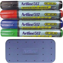 Kit Markere Tabla De Scris+burete Magnetic, Artline 517 - Dry Safe Ink, Varf Rotund 2.0mm, 4 Cul/set Kit Markere Tabla De Scris+burete Magnetic, Artline 517 - Dry Safe Ink, Varf Rotund 2.0mm, 4 Cul/set