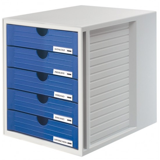 Suport Plastic Cu 5 Sertare Pentru Documente, Han - Gri Deschis - Sertare Albastre