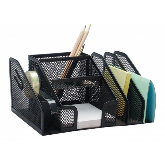 Organizer Metalic Mesh, De Birou, 6 Compartimente + Suport Banda Adeziva, Q-connect - Negru
