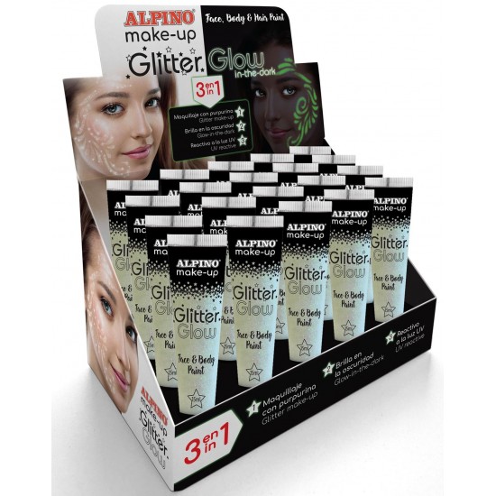 Display Machiaj, 20 Tub X 15ml/display, Alpino Make-up Glitter Glow In The Dark - 3 In 1