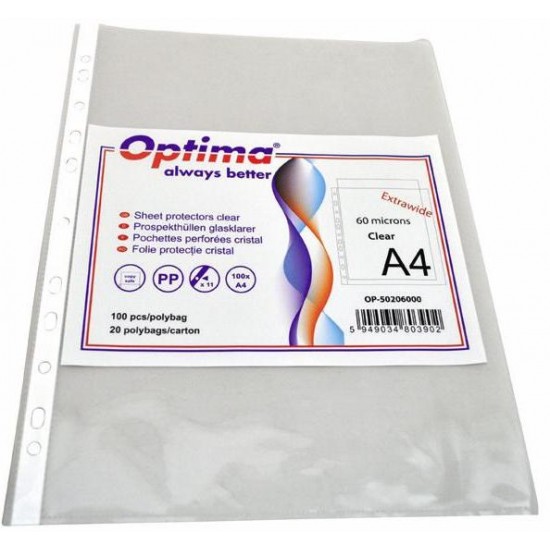Folie Protectie Pentru Documente A4, 60 Microni, 100/set, Optima Extra Wide - Transparent
