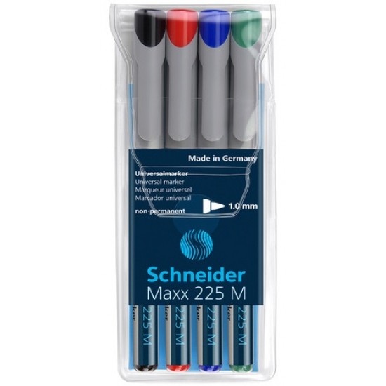 Universal Non-permanent Marker Schneider Maxx 225 M, Varf 1mm, 4 Culori/set - (n, R, A, V)