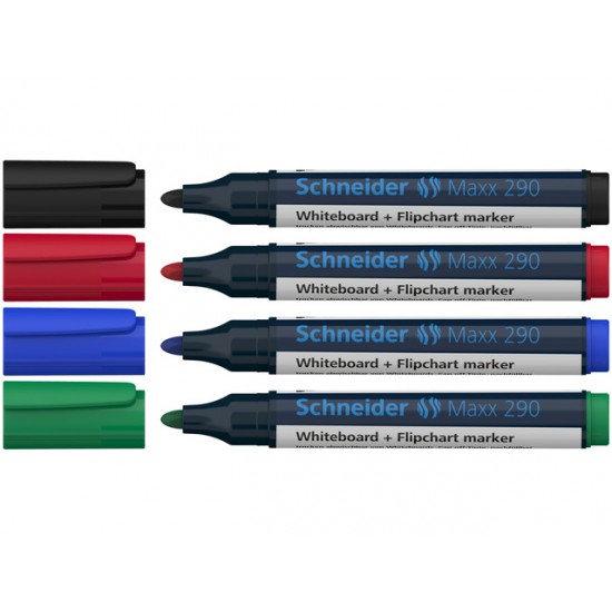 Marker Schneider Maxx 290, Pentru Tabla De Scris+flipchart, Varf Rotund 2-3mm, 4 Cul/set - (n,r,a,v)