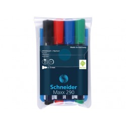 Marker Schneider Maxx 290, Pentru Tabla De Scris+flipchart, Varf Rotund 2-3mm, 4 Cul/set - (n,r,a,v)