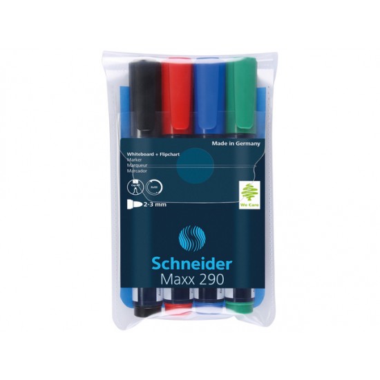 Marker Schneider Maxx 290, Pentru Tabla De Scris+flipchart, Varf Rotund 2-3mm, 4 Cul/set - (n,r,a,v)