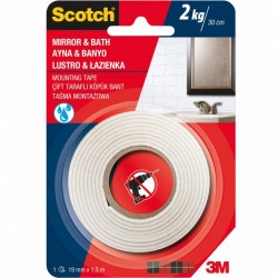 Banda Dublu Adeziva Buretata, 19mm X 1.5m, Rezistenta Umiditate, Sustine 2kg/30cm, 3m - Scotch - Alb