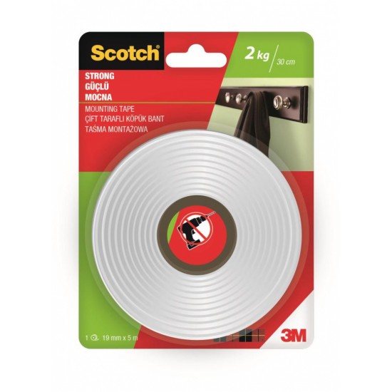 Banda Dublu Adeziva Buretata, 19mm X 5m, Pt. Interior, Sustine 2kg/30cm, 3m - Scotch - Alba