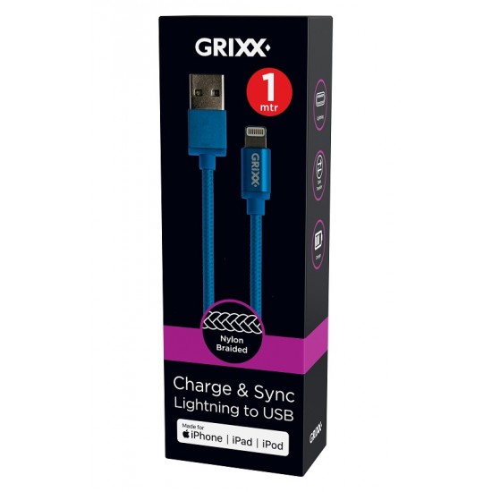 Cablu Date Grixx - 8-pin To Usb Apple Mfi License, Impletit, Lungime 1m - Albastru