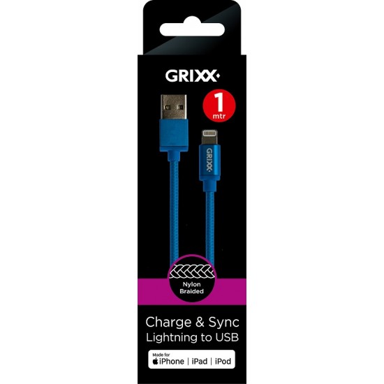 Cablu Date Grixx - 8-pin To Usb Apple Mfi License, Impletit, Lungime 1m - Albastru