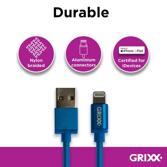 Cablu Date Grixx - 8-pin To Usb Apple Mfi License, Impletit, Lungime 1m - Albastru
