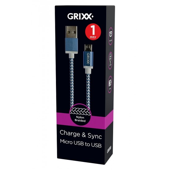 Cablu Date Grixx - Micro Usb To Usb, Impletit, Lungime 1m - Albastru/alb