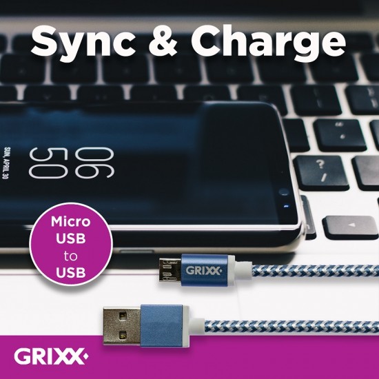 Cablu Date Grixx - Micro Usb To Usb, Impletit, Lungime 1m - Albastru/alb